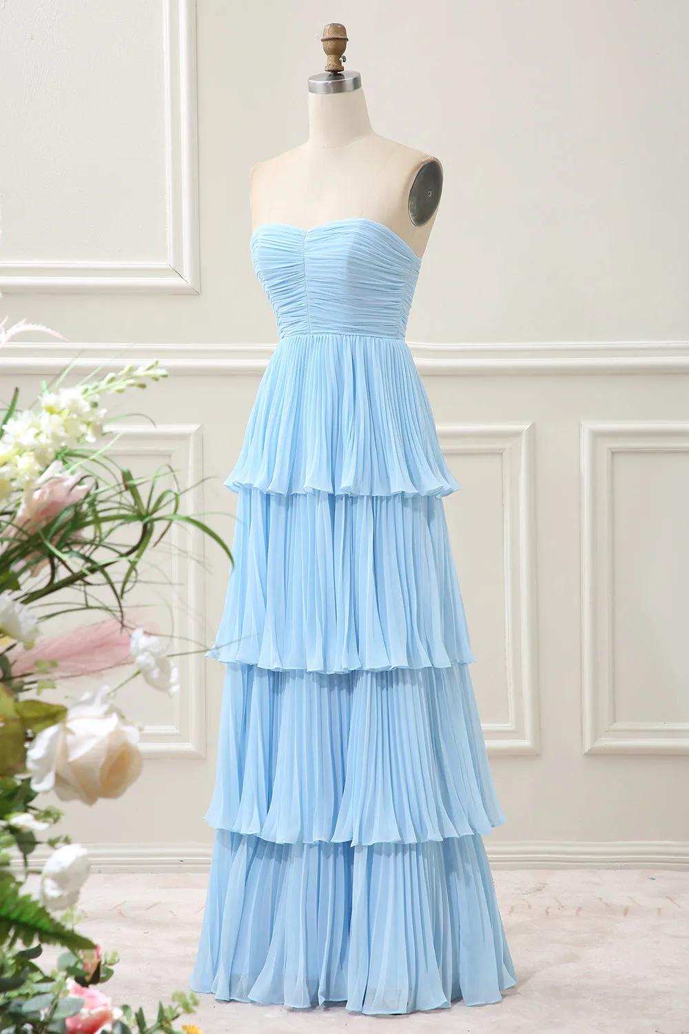 A Line Strapless Sky Blue Sweetheart Maxi Dress with Pleated