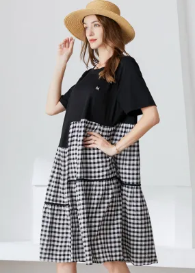 Art Black Asymmetrical Patchwork Plaid Cotton Dresses Summer LY0339