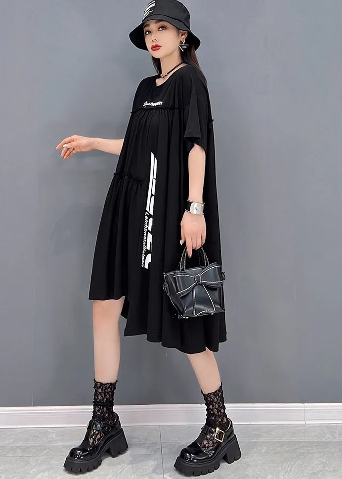 Beautiful Black Asymmetrical Wrinkled Letter Print Cotton Streetwear Dresses Short Sleeve