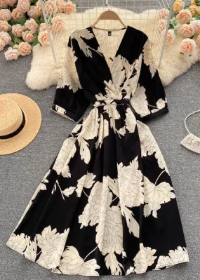 Beautiful Black V Neck Print Chiffon Dresses Half Sleeve TR040