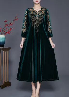 Beautiful Blackish Green V Neck Zircon Silk Velour Maxi Dresses Fall ML1812