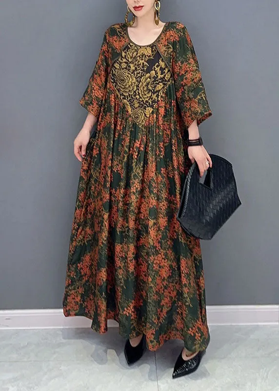 Beautiful Green O Neck Print Patchwork Cotton Maxi Dresses Spring LC0347