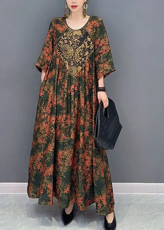 Beautiful Green O Neck Print Patchwork Cotton Maxi Dresses Spring LC0347