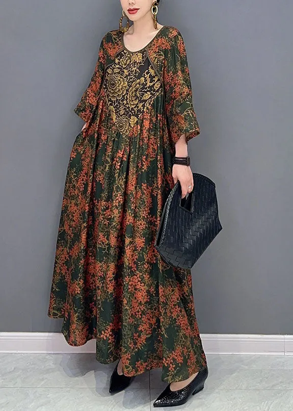 Beautiful Green O Neck Print Patchwork Cotton Maxi Dresses Spring LC0347