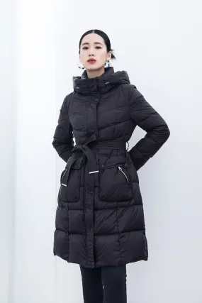 Black Midi Length Waist Goose Down Jacket