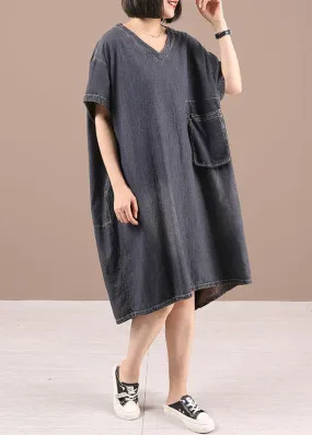 Black V Neck Pockets Denim Maxi Dresses