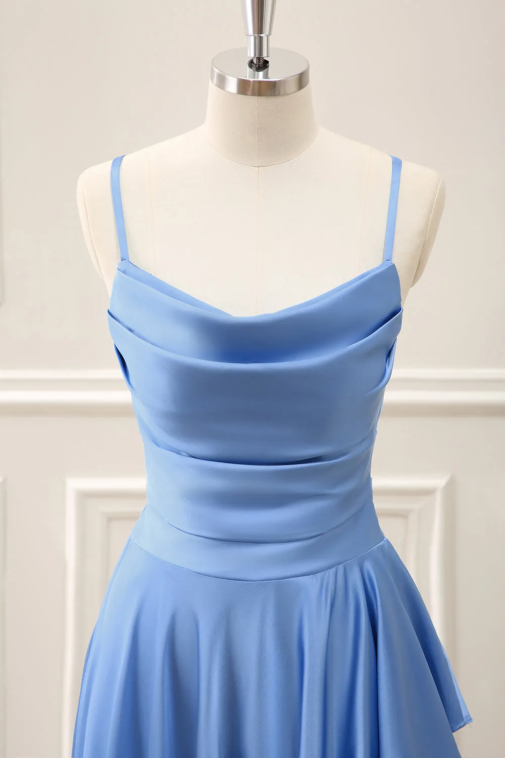 Blue A Line Ruffled Cowl Neck Asymmetrical Dress