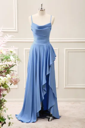 Blue A Line Ruffled Cowl Neck Asymmetrical Dress