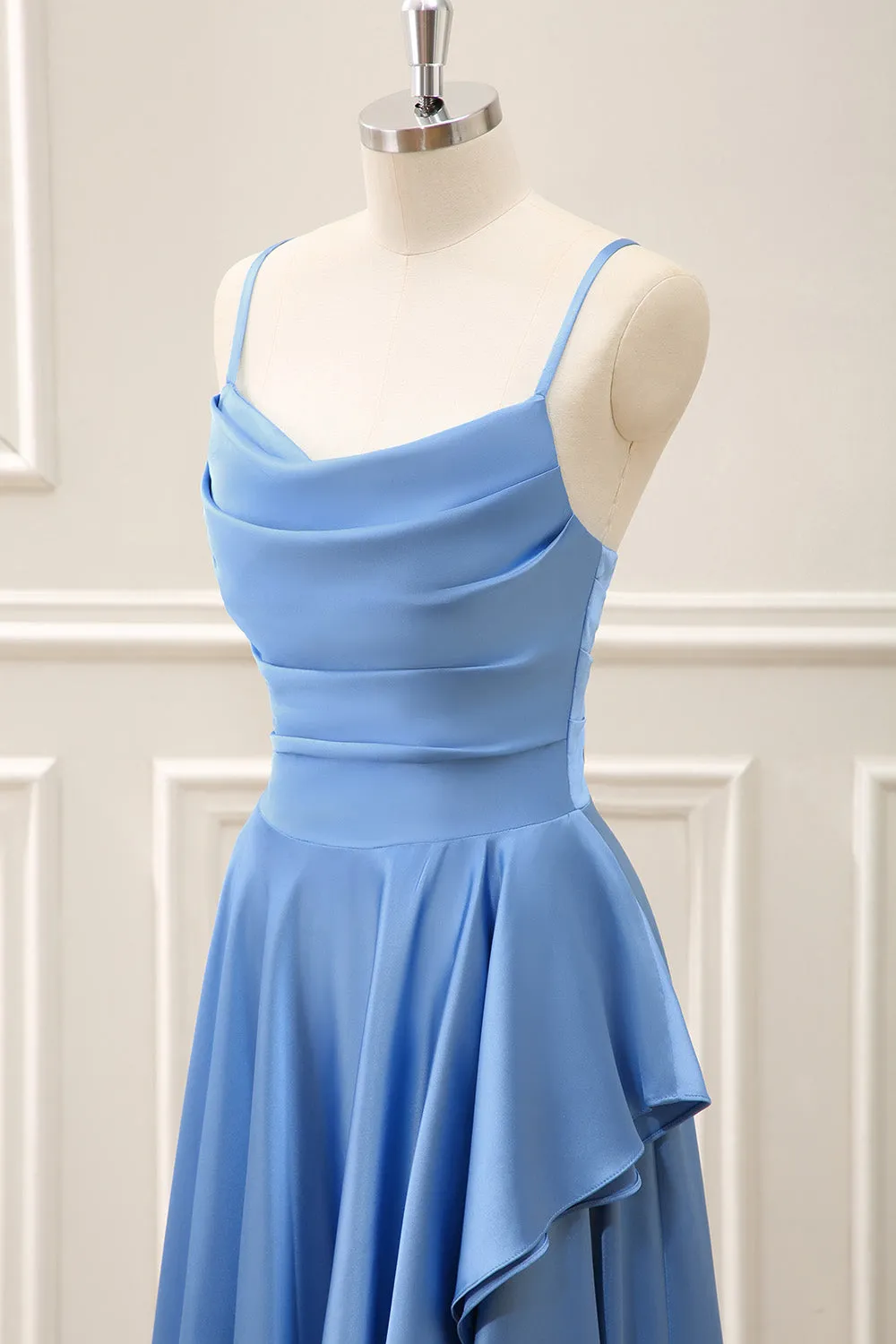 Blue A Line Ruffled Cowl Neck Asymmetrical Dress