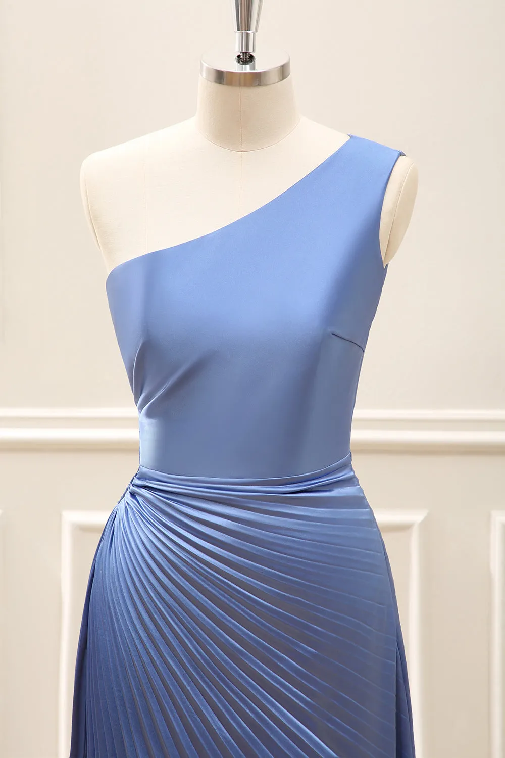 Blue One Shoulder Satin Ruched Tea Length Dress