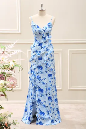 Blue Sheath Floral Ruffled Maxi Dress with Slit