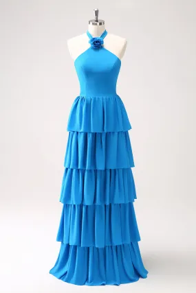 Blue Tiered Chiffon Maxi Dress with Flower