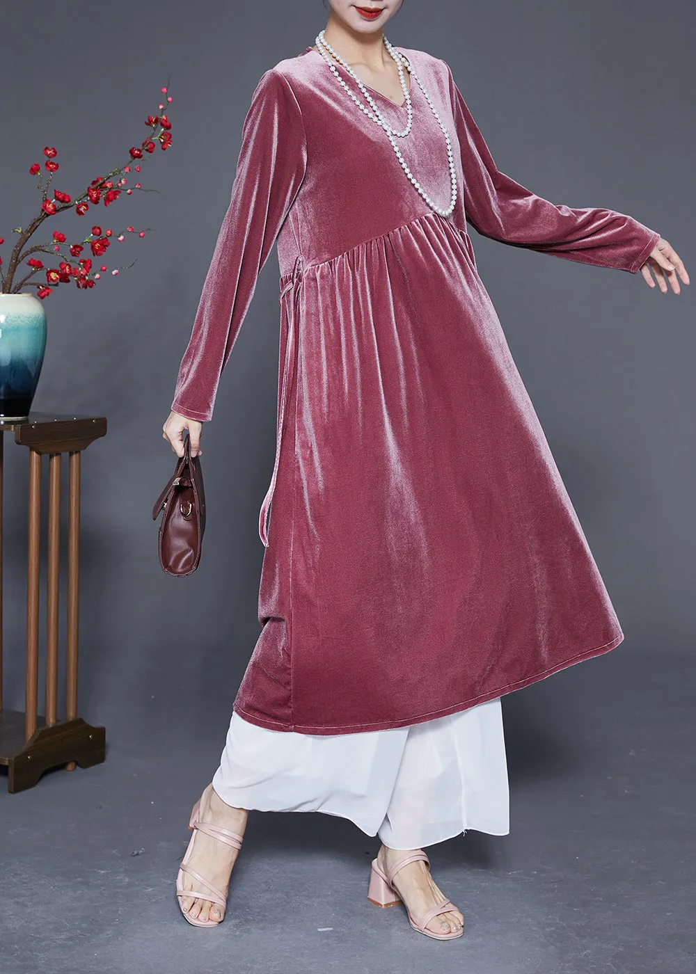 Bohemian Brick Red V Neck Patchwork Silk Velour Maxi Dresses Spring LY2884