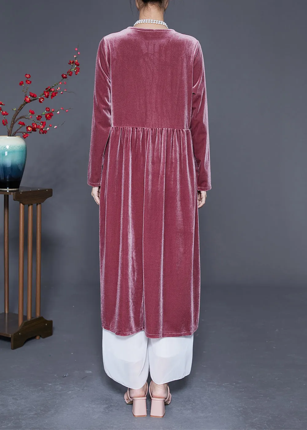 Bohemian Brick Red V Neck Patchwork Silk Velour Maxi Dresses Spring LY2884