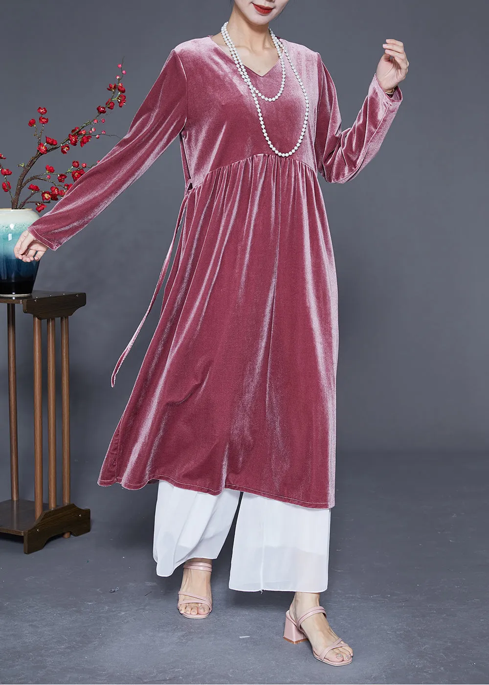 Bohemian Brick Red V Neck Patchwork Silk Velour Maxi Dresses Spring LY2884