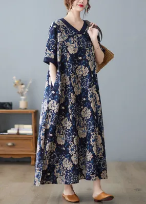 Boho Navy Oversized Print Cotton Vacation Dresses Summer LY0905