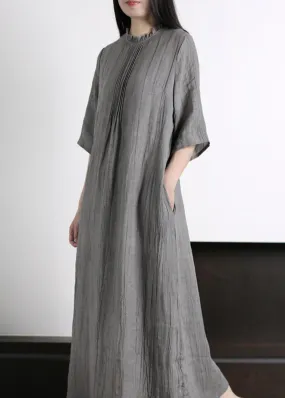 Brief Grey Ruffled Wrinkled Vacation Ramie Maxi Dresses Half Sleeve LY5183