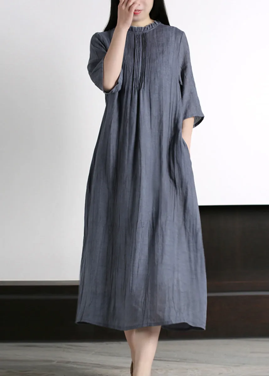 Brief Grey Ruffled Wrinkled Vacation Ramie Maxi Dresses Half Sleeve LY5183