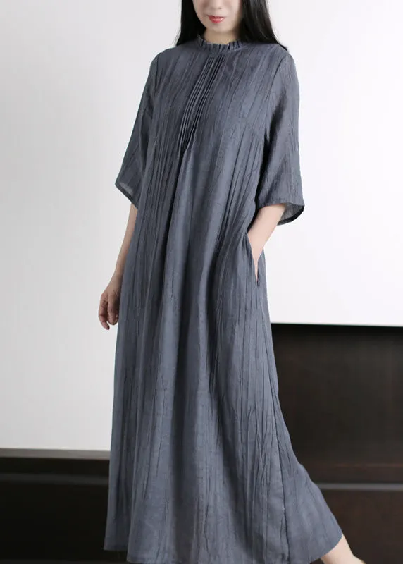 Brief Grey Ruffled Wrinkled Vacation Ramie Maxi Dresses Half Sleeve LY5183