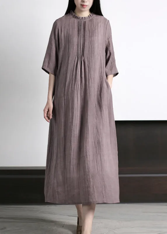 Brief Grey Ruffled Wrinkled Vacation Ramie Maxi Dresses Half Sleeve LY5183