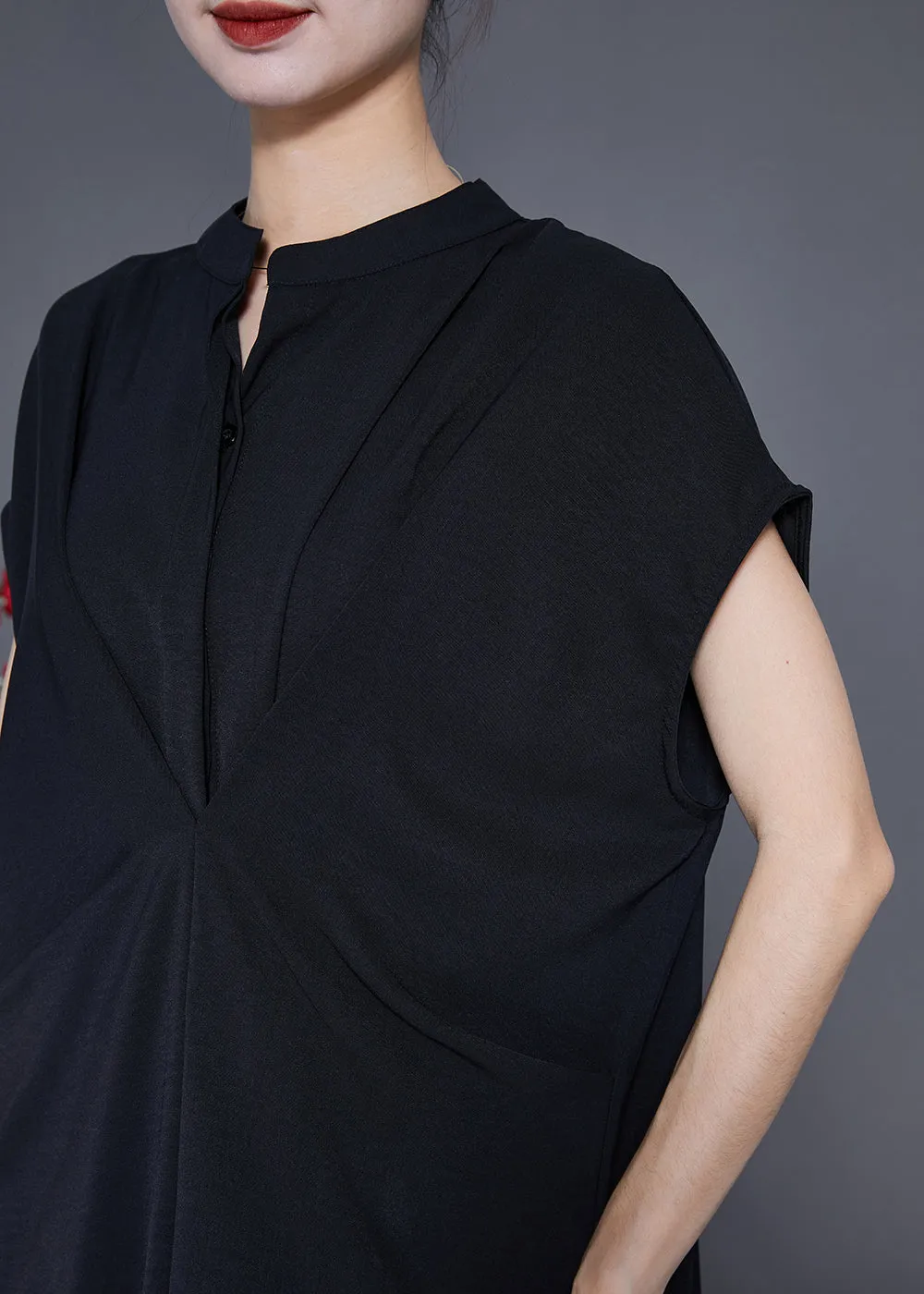 Casual Black Stand Collar Wrinkled Spandex Long Dresses Summer LY3654