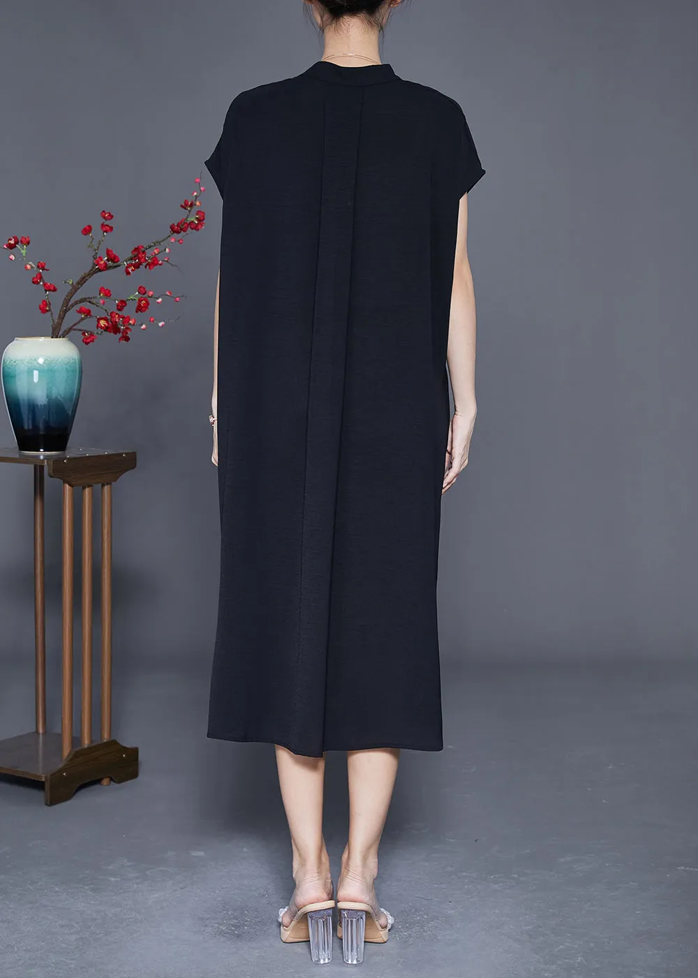 Casual Black Stand Collar Wrinkled Spandex Long Dresses Summer LY3654