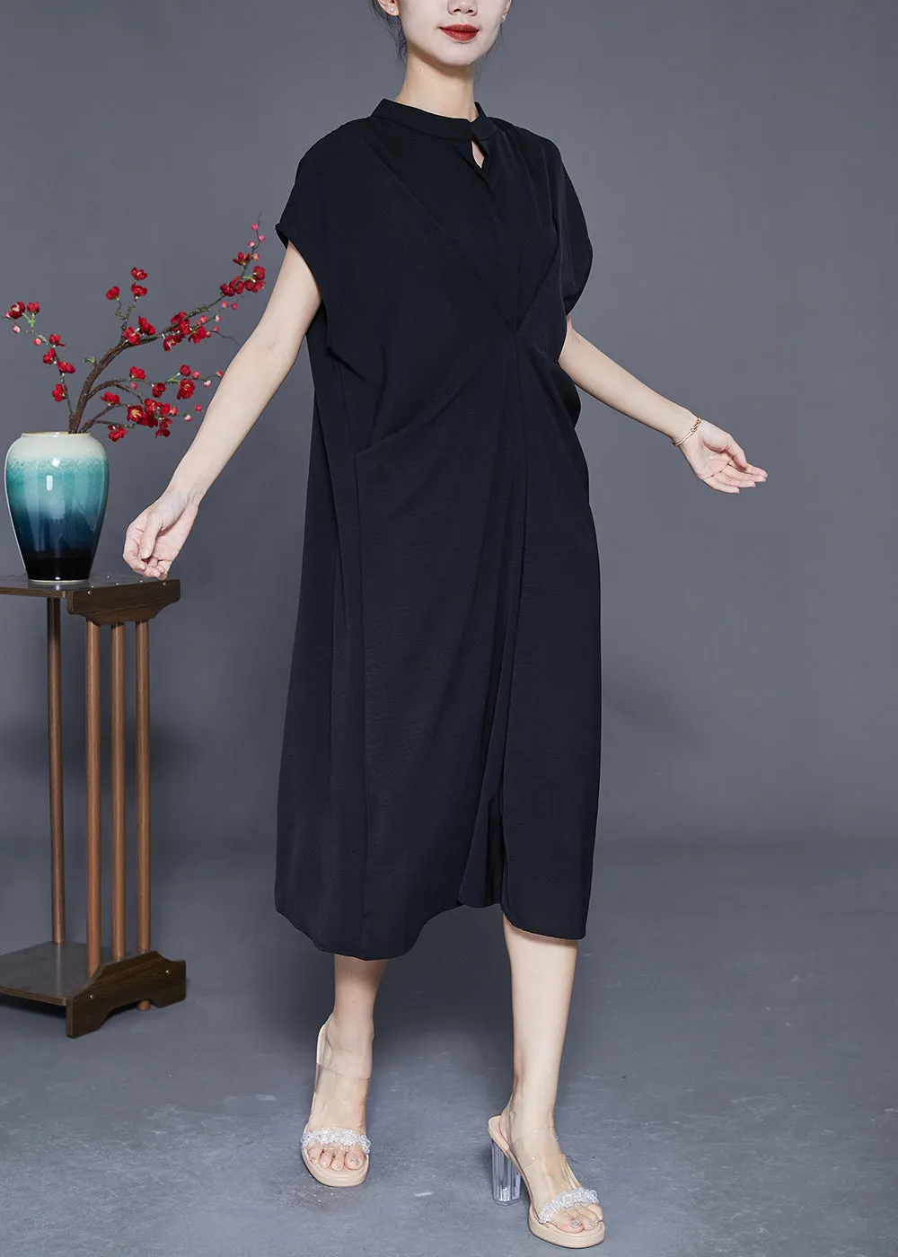 Casual Black Stand Collar Wrinkled Spandex Long Dresses Summer LY3654