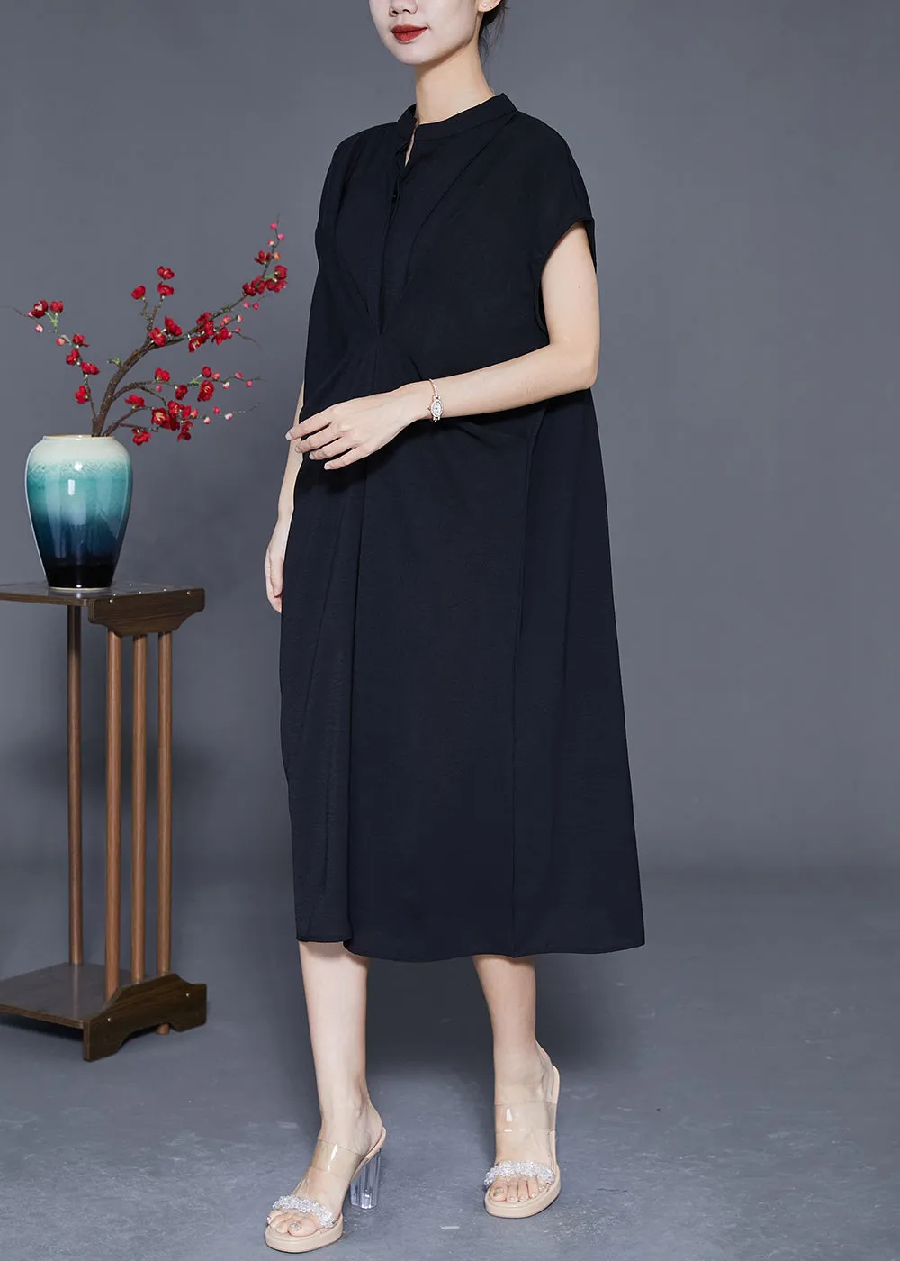 Casual Black Stand Collar Wrinkled Spandex Long Dresses Summer LY3654