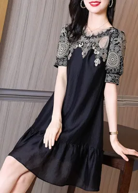 Chic Black Embroideried O-Neck Hollow Out Long Dresses Short Sleeve TI1035