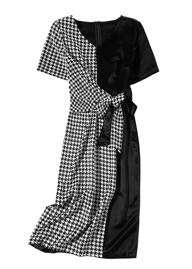 Classy Black V Neck Patchwork Plaid Tie Waist Silk Long Dresses Summer LY1049