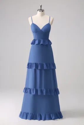 Dark Blue A Line Tiered Ruffle Maxi Dress with Lace-Up Back