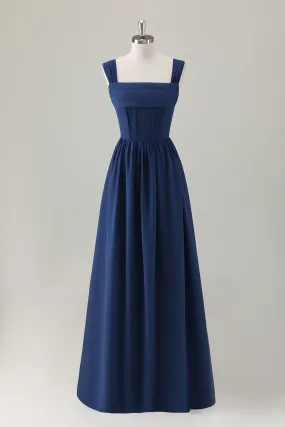 Dark Blue Ruched A Line Chiffon Corset Maxi Dress with Lace-Up Back