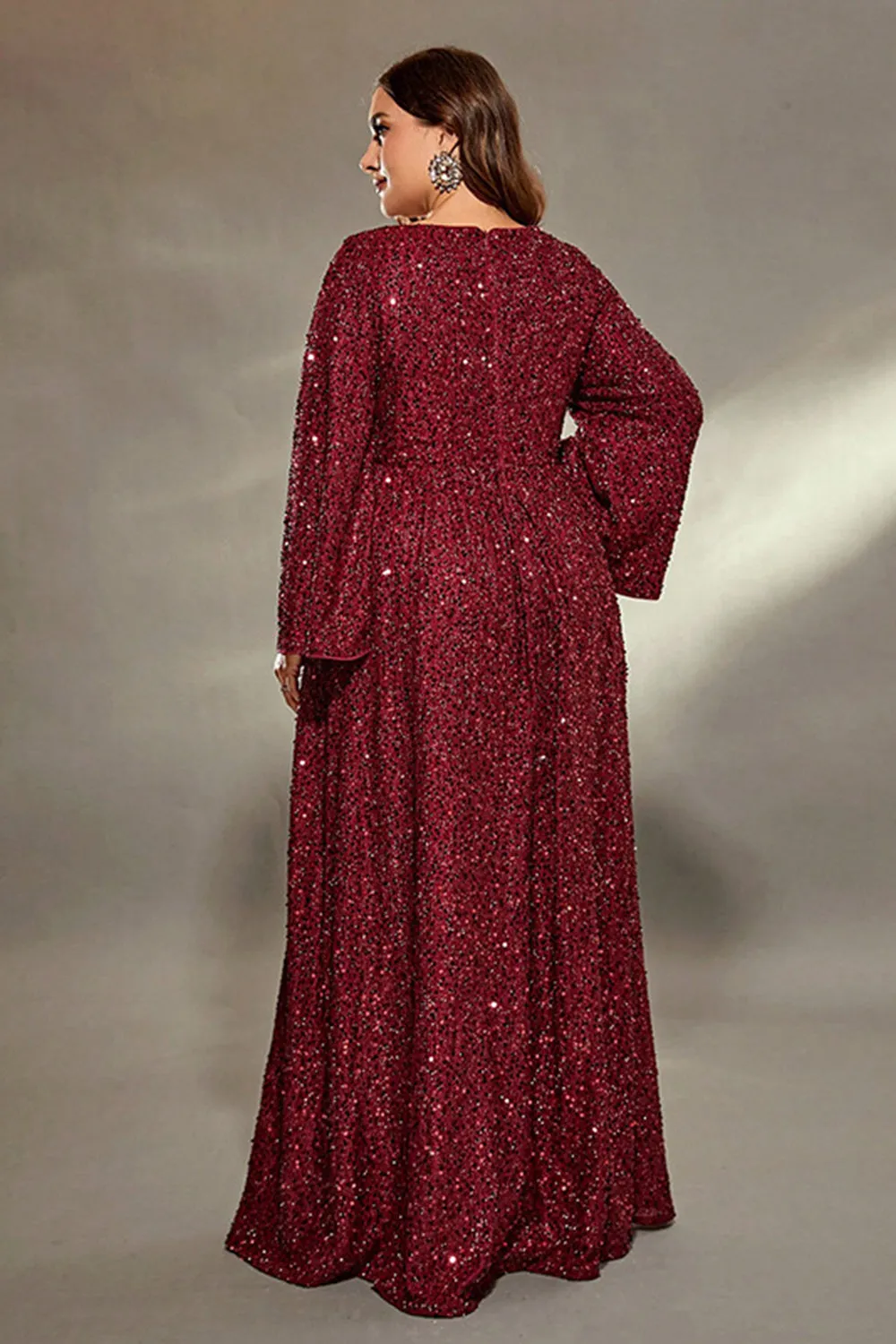 Dark Red Sequined Plus Size Round Neck Long Sleeves Maxi Dress