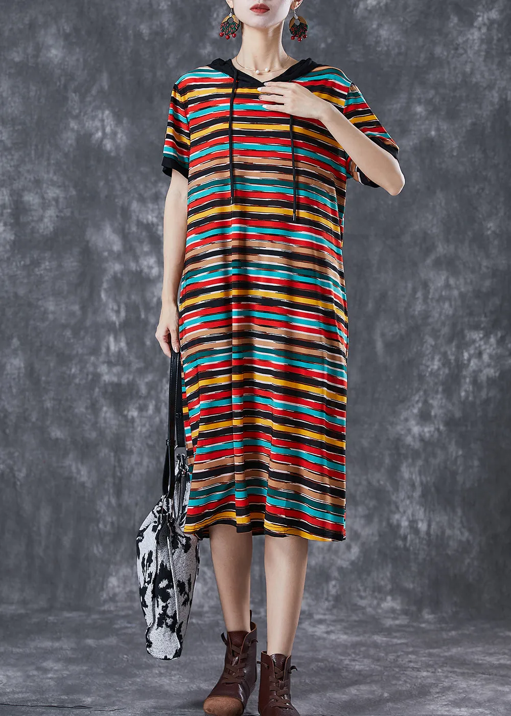 DIY Rainbow Hooded Striped Chiffon Robe Dresses Summer LY7050