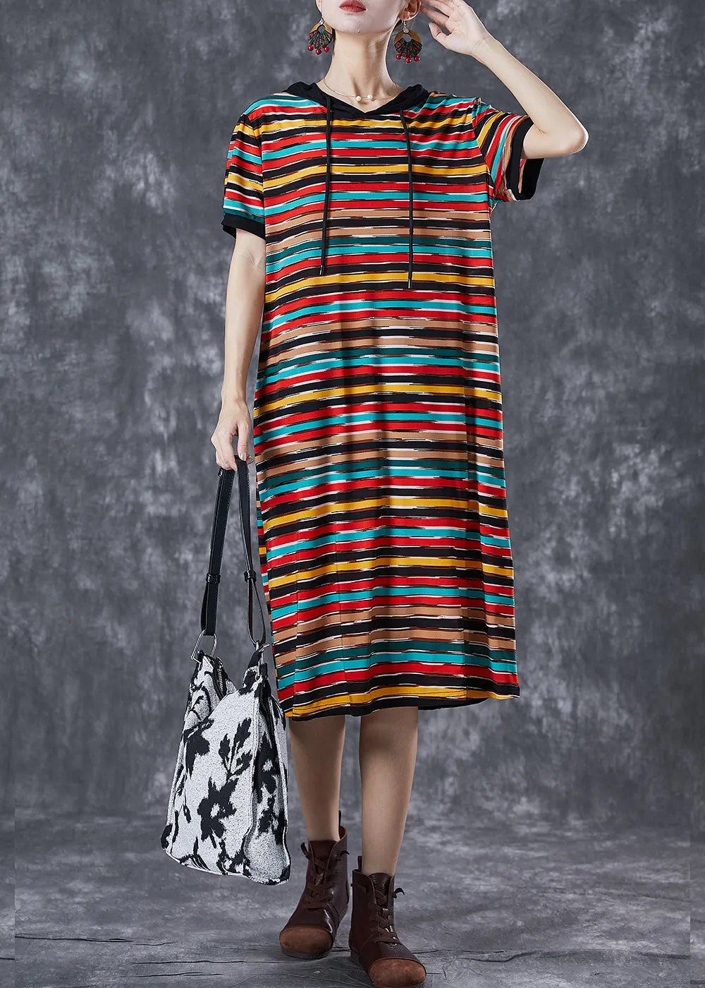 DIY Rainbow Hooded Striped Chiffon Robe Dresses Summer LY7050