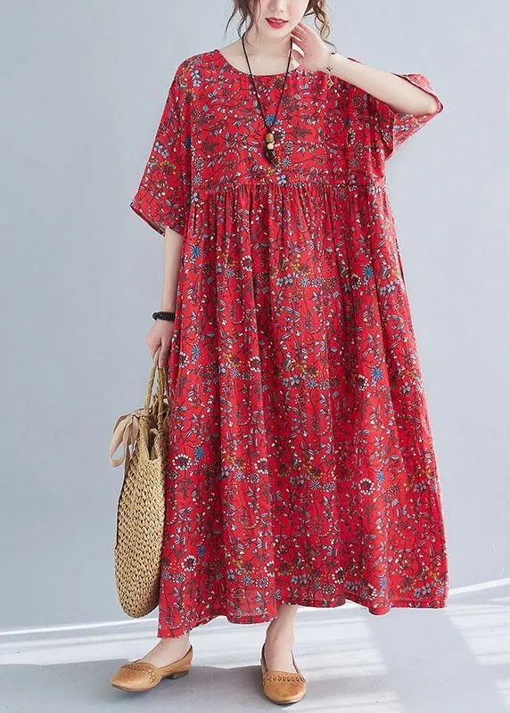 Diy Red Pockets Print Cotton Maxi Dresses Cinched