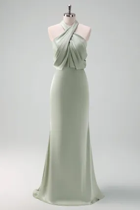 Dusty Sage Halter Sheath Satin Maxi Dress