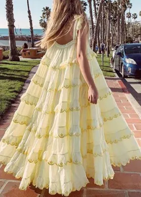 Elegant Patchwork Ruffles Yellow For Women Off Shoulder Sleeveless Oversized Dresses