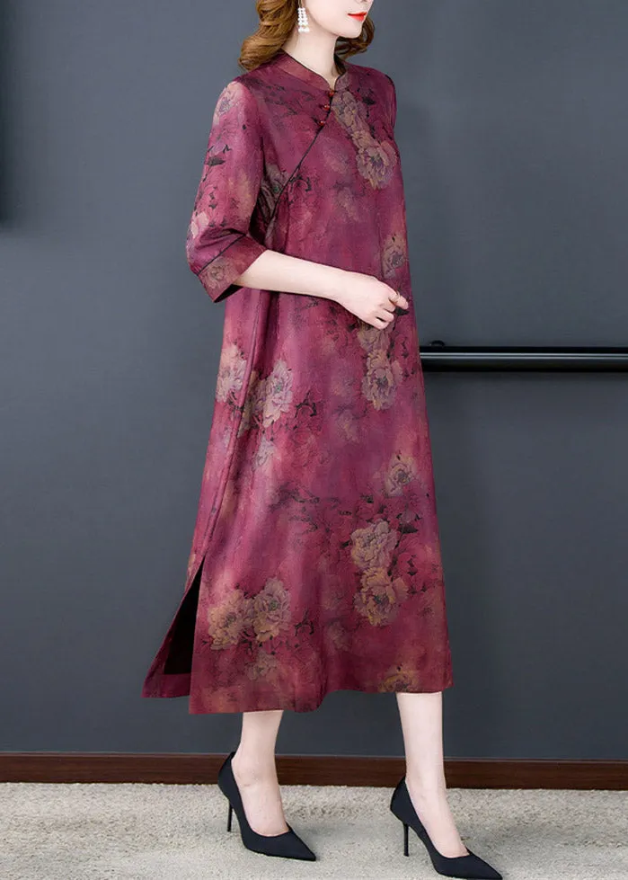 Fashion Purple Stand Collar Print Button Side Open Silk Long Dresses Summer LY3750