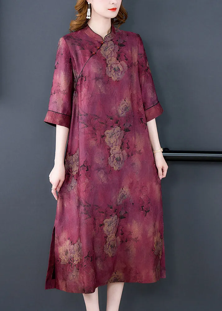 Fashion Purple Stand Collar Print Button Side Open Silk Long Dresses Summer LY3750