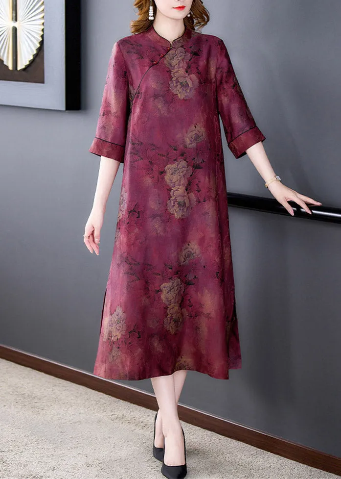 Fashion Purple Stand Collar Print Button Side Open Silk Long Dresses Summer LY3750