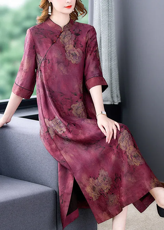 Fashion Purple Stand Collar Print Button Side Open Silk Long Dresses Summer LY3750