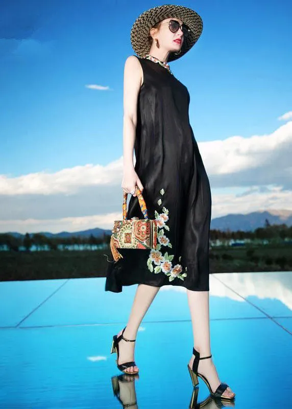 Fine Black Embroideried Patchwork Silk Dresses Sleeveless LC0228