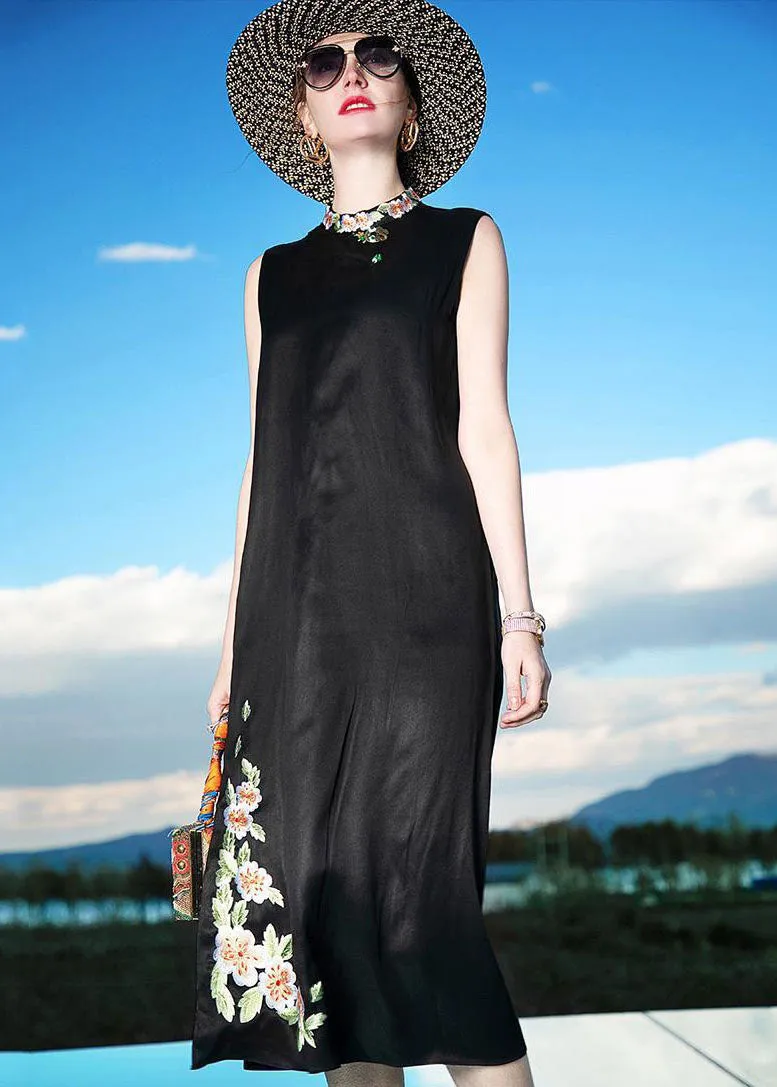 Fine Black Embroideried Patchwork Silk Dresses Sleeveless LC0228