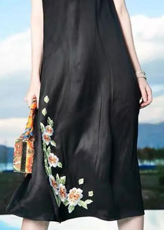 Fine Black Embroideried Patchwork Silk Dresses Sleeveless LC0228