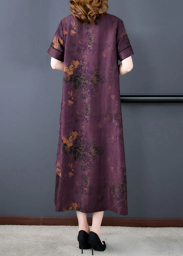 Fine Purple V Neck Print Patchwork Silk Long Dresses Summer LY5976