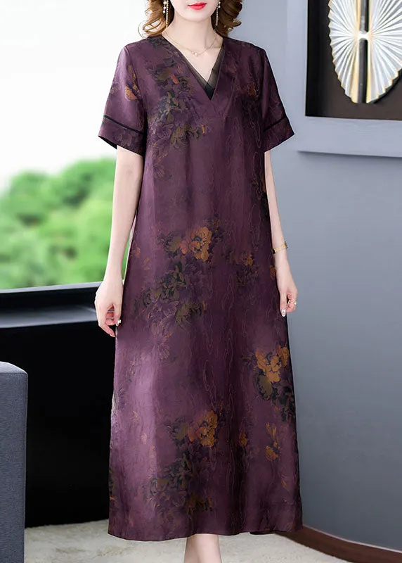 Fine Purple V Neck Print Patchwork Silk Long Dresses Summer LY5976