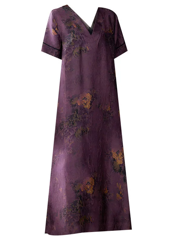 Fine Purple V Neck Print Patchwork Silk Long Dresses Summer LY5976