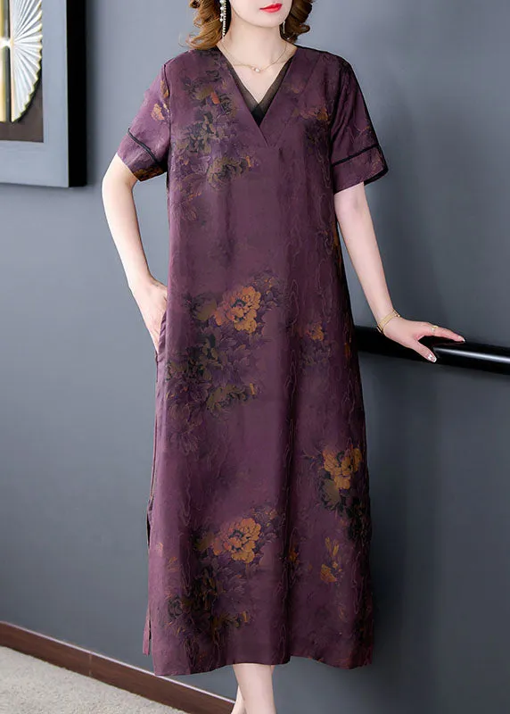 Fine Purple V Neck Print Patchwork Silk Long Dresses Summer LY5976