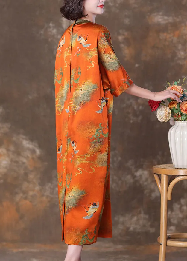 FLYTONN- Elegant Orange V Neck Button Print Silk Long Dresses Summer OP1070